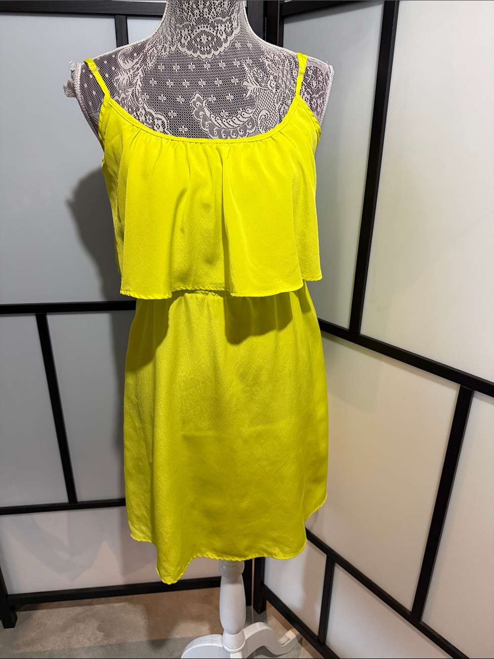Fun & Flirt Neon Yellow/Green Ruffle Spaghetti Strap Mini Dress